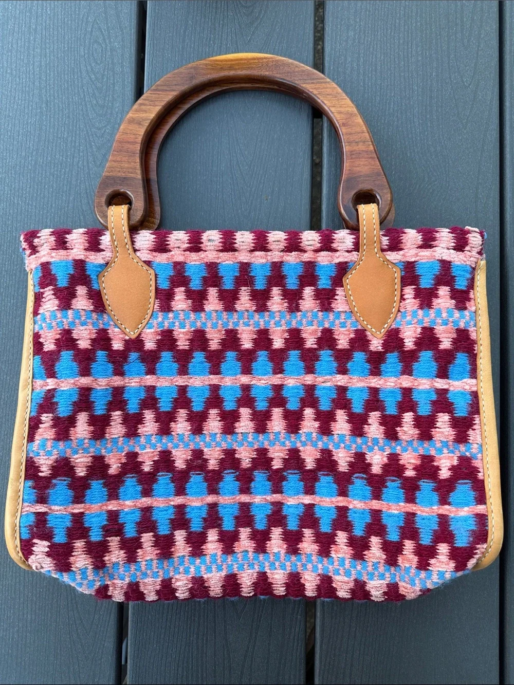 Woven Pattern Handbag with Wood Handles - Burgundy & Turquoise